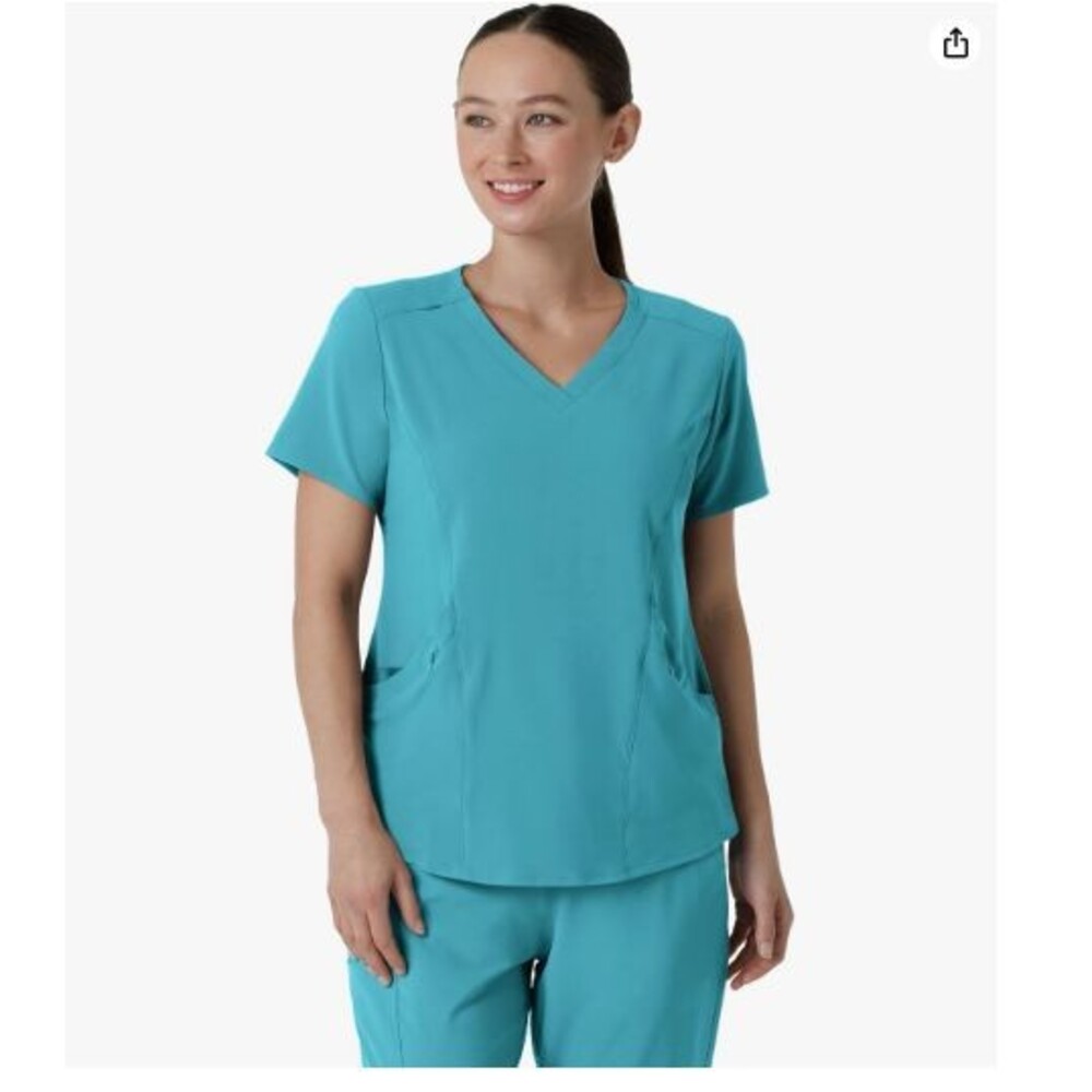 NWT Women's V-Neck Scrub Top X-Large Teal Blue  4-Pocket Design